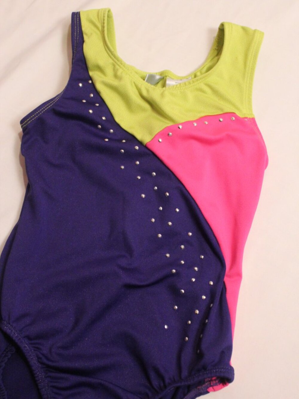 Danskin Neon Lime Pink & Navy Girls Colorblock Rhinestone Tank Bodysuit - Picture 3 of 7